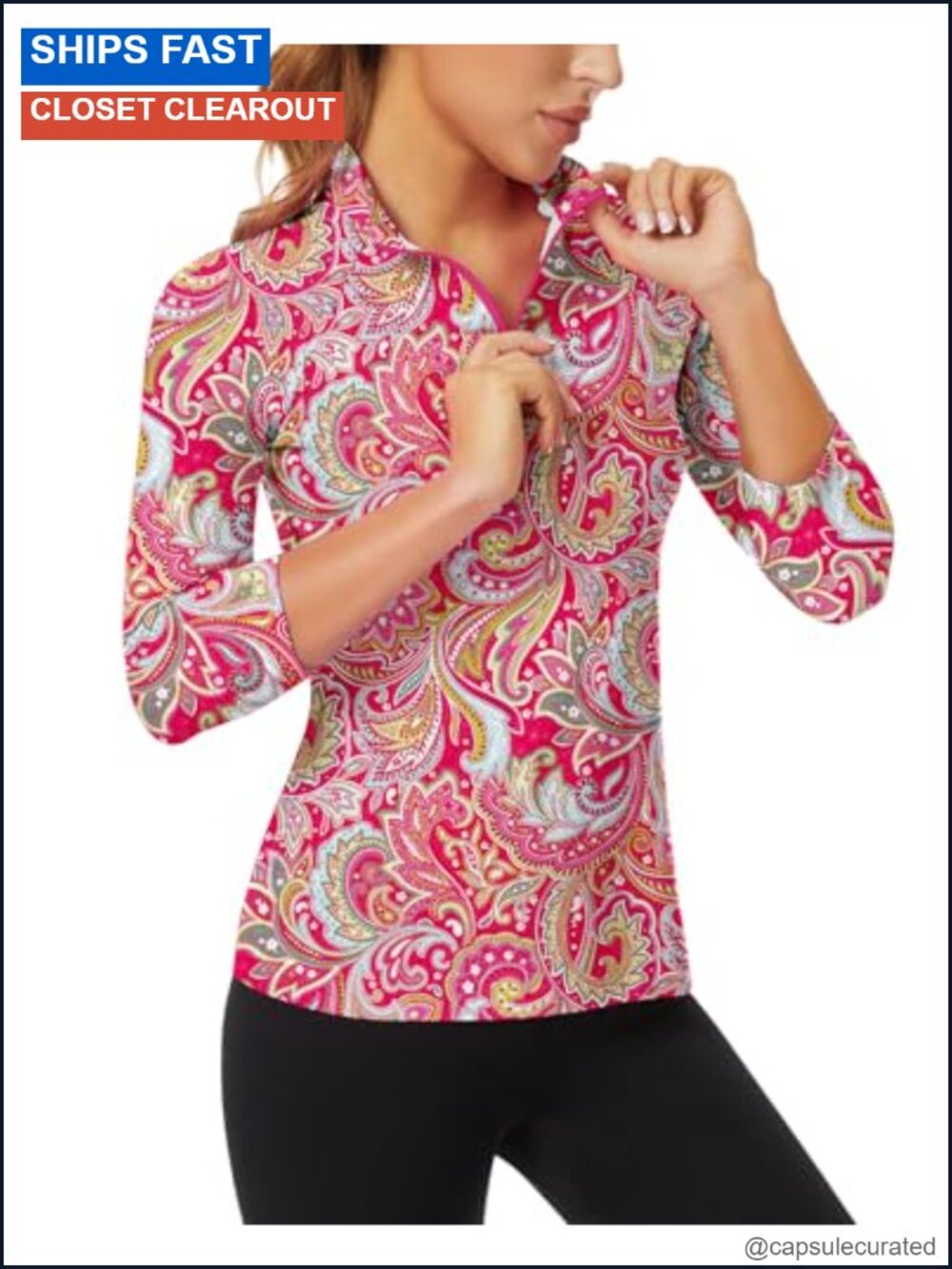 Women's 3/4 Sleeve Quarter Zip Pullover Golf Tennis Athletic Shirt